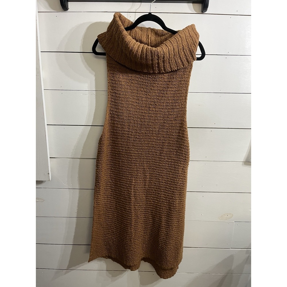 Free People Women's Sweater Large Brown 100% Cotton Sleeveless Knit Side‎ Slit